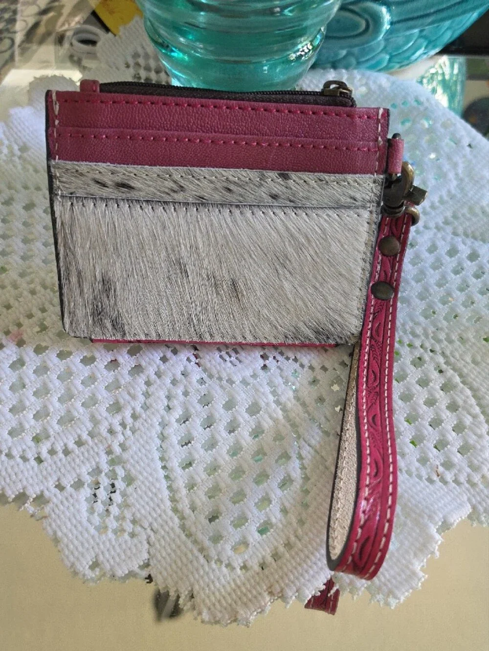 Wrangler Pink Tooled Leather Wristlet with Floral Embossing And Cowhide